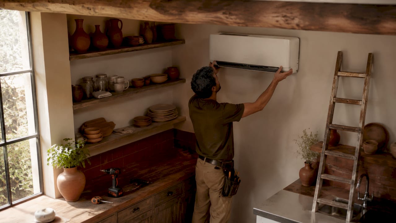 Heat pump indoor unit installation close-up