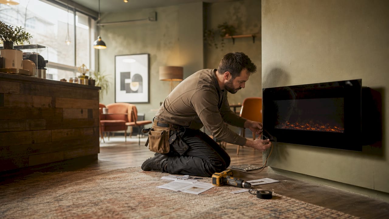 Handyman installing electric fireplace in living room