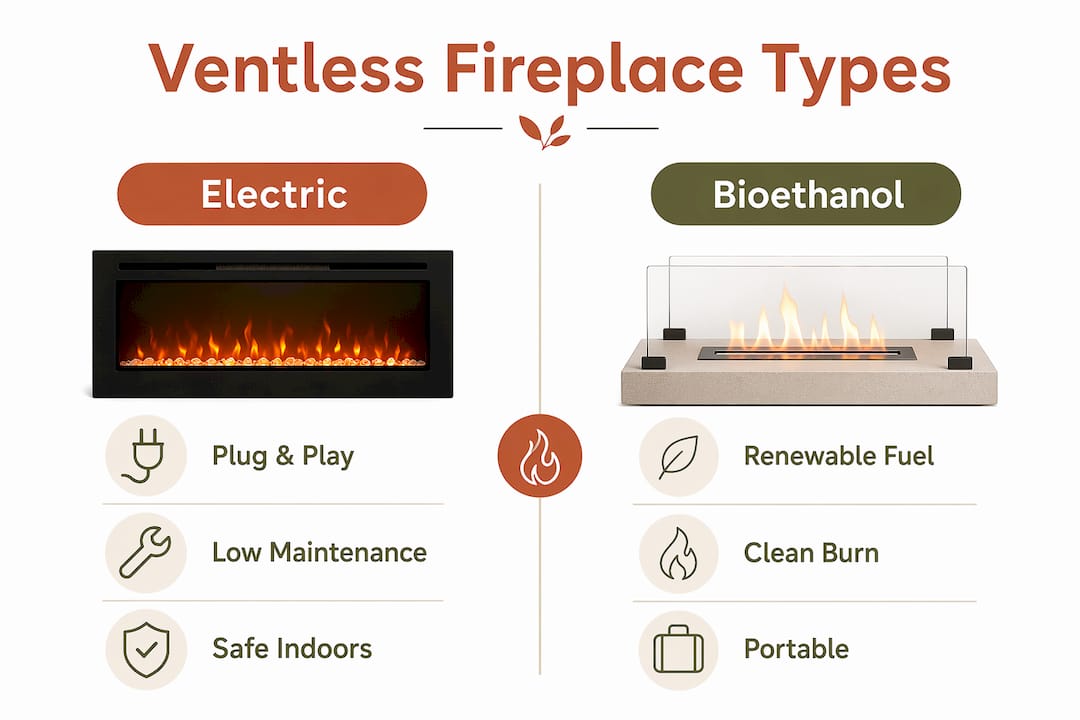 Infographic comparing electric and bioethanol ventless fireplaces
