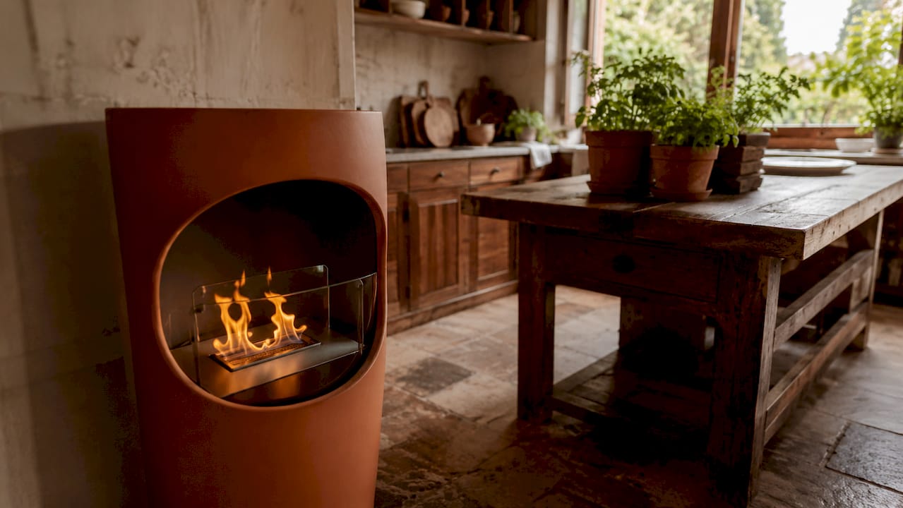 Detailansicht eines Ethanolkamins mit lodernder Flamme im Brennereinsatz