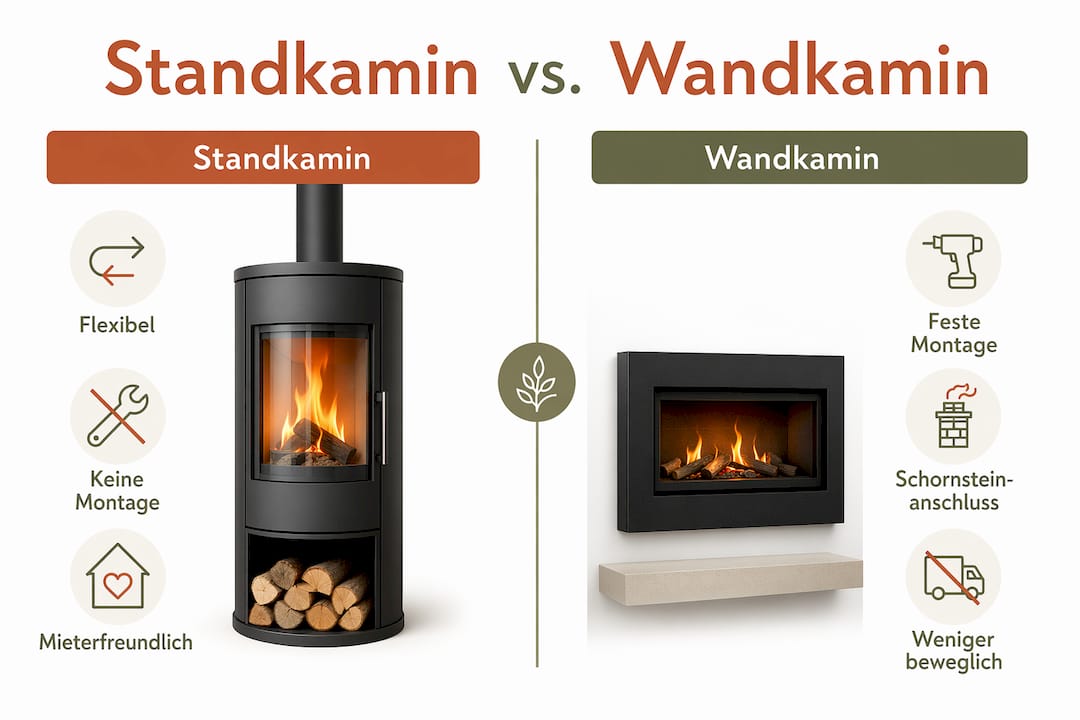Infografik: Standkamin oder Wandkamin – ein Vergleich auf einen Blick