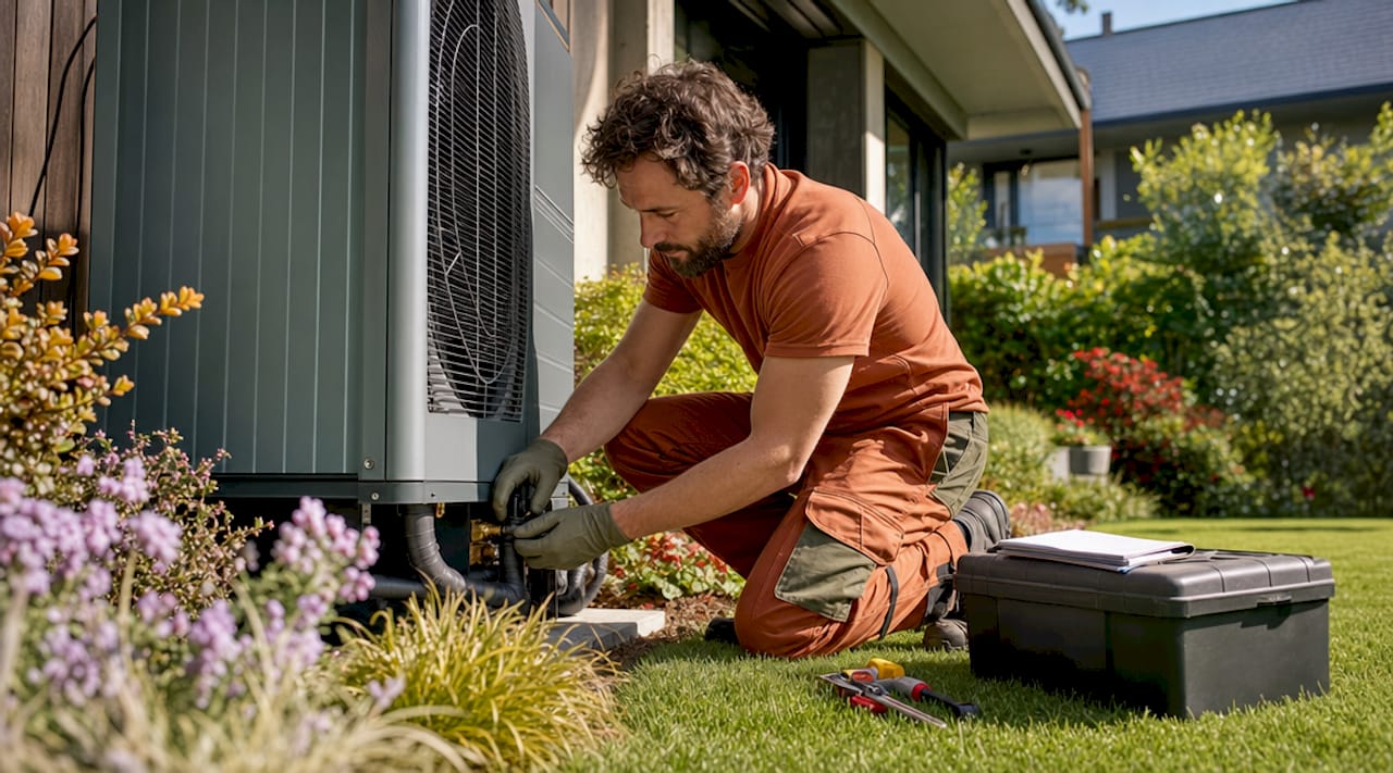 Technician installing heat pump outdoors