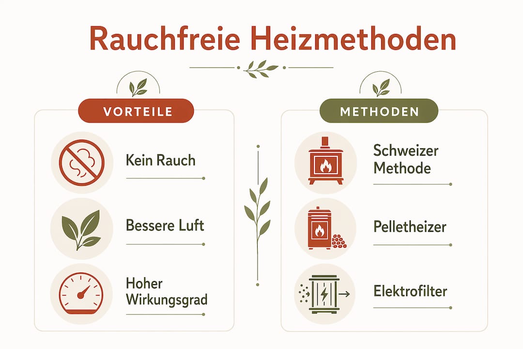 Die Infografik veranschaulicht, welche Vorteile rauchfreie Heizsysteme bieten und stellt verschiedene Anwendungsmöglichkeiten vor.