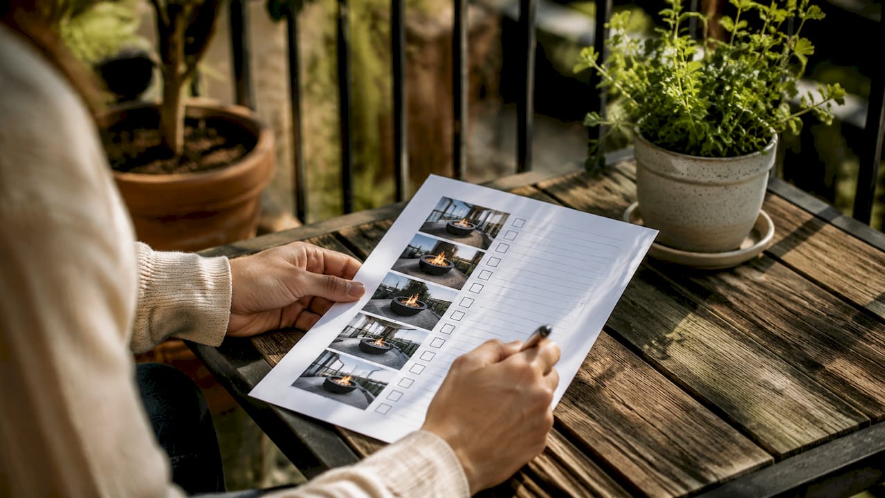 Hands holding balcony fireplace compliance checklist on table