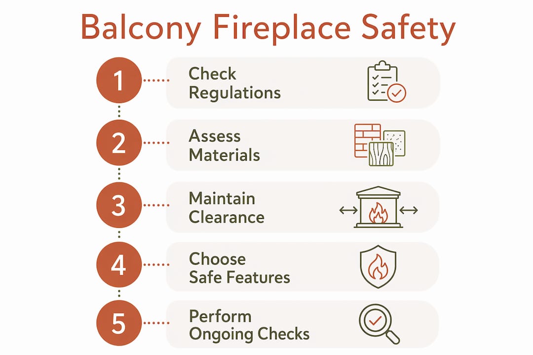 Infographic showing balcony fireplace safety workflow steps