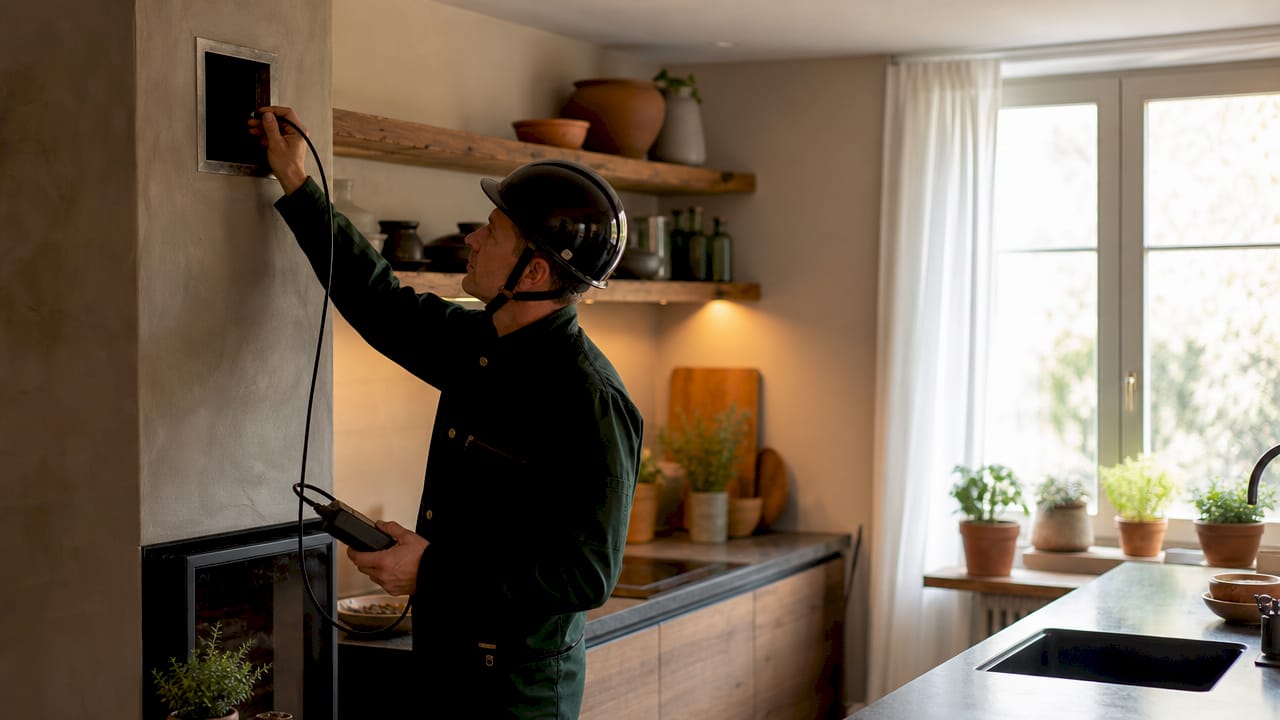 Der Schornsteinfeger kontrolliert den Kaminzug in der Wohnung.
