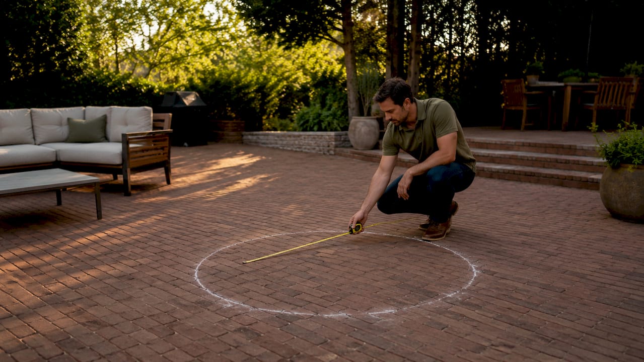 Man measuring patio space for fire pit size