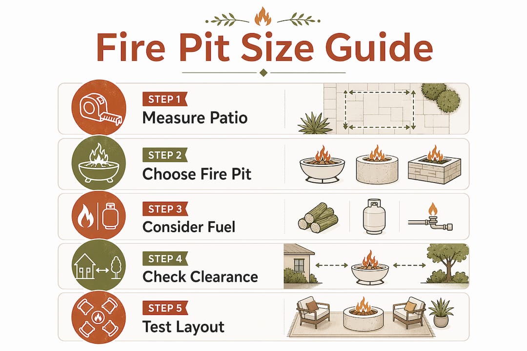 Infographic illustrating five steps for selecting fire pit size