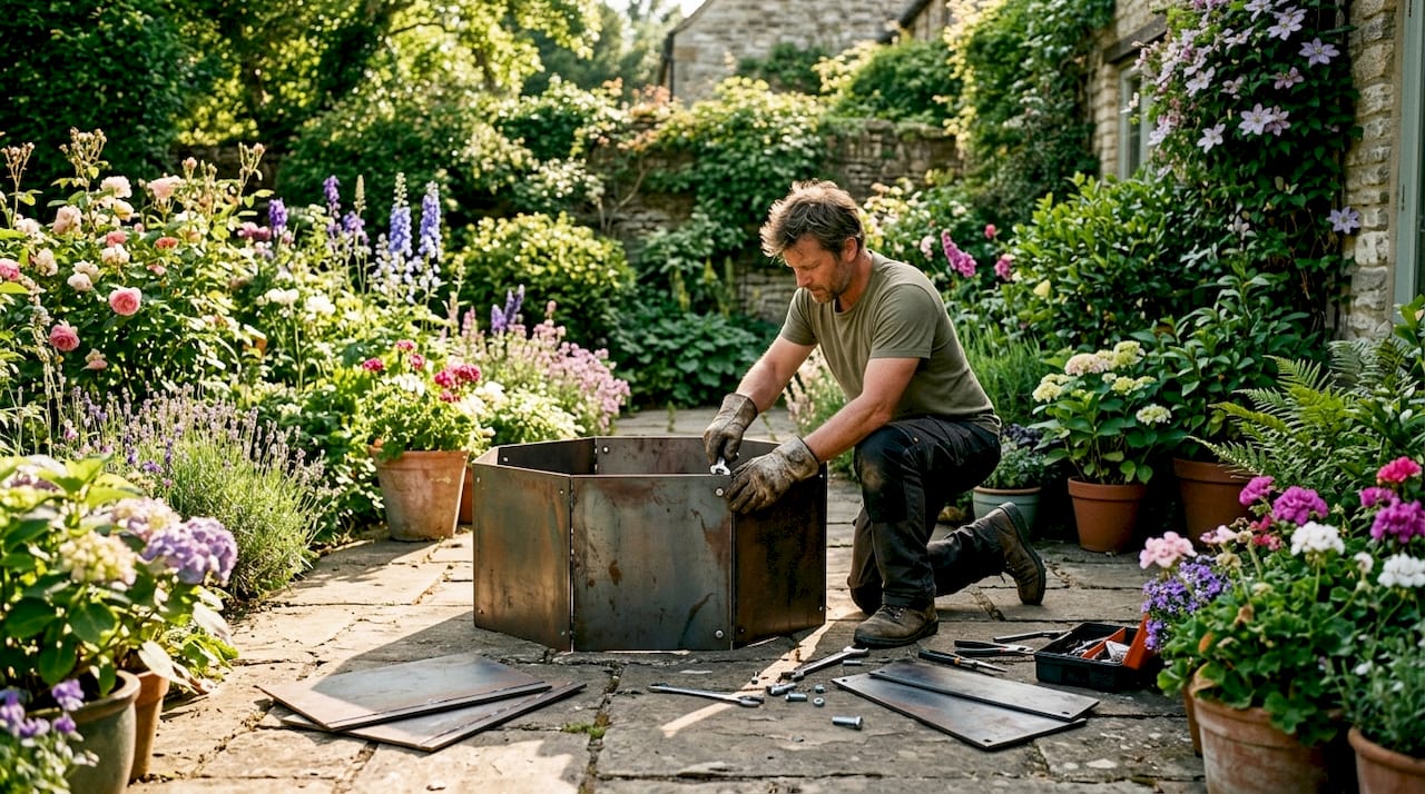 Close-up of hands assembling steel fire pit outdoors