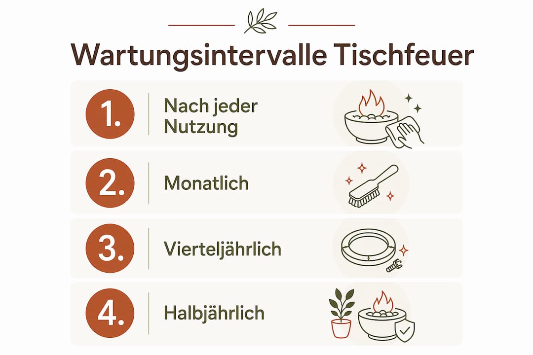 Übersicht der empfohlenen Wartungsintervalle für Tischkamine als anschauliche Infografik