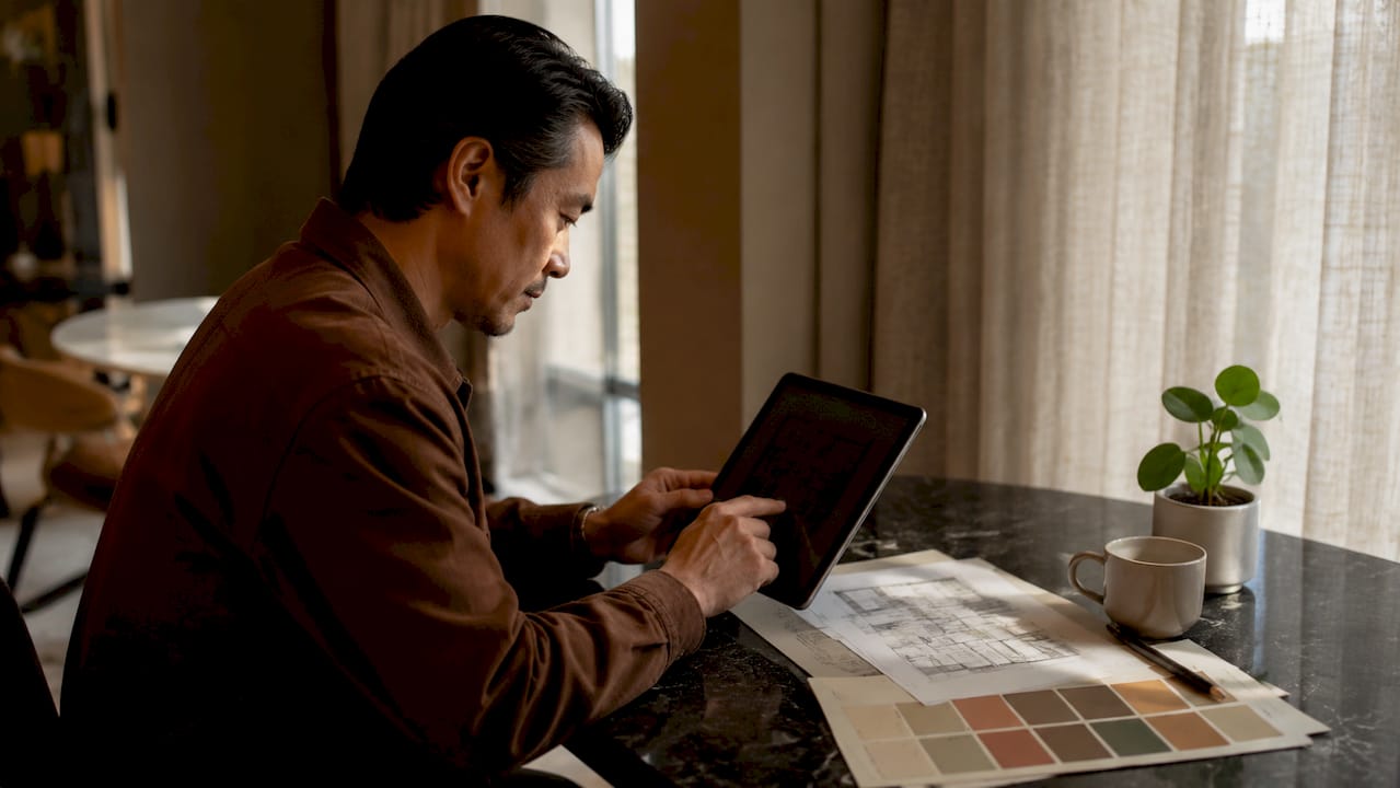 Man reviewing contemporary and modern design materials