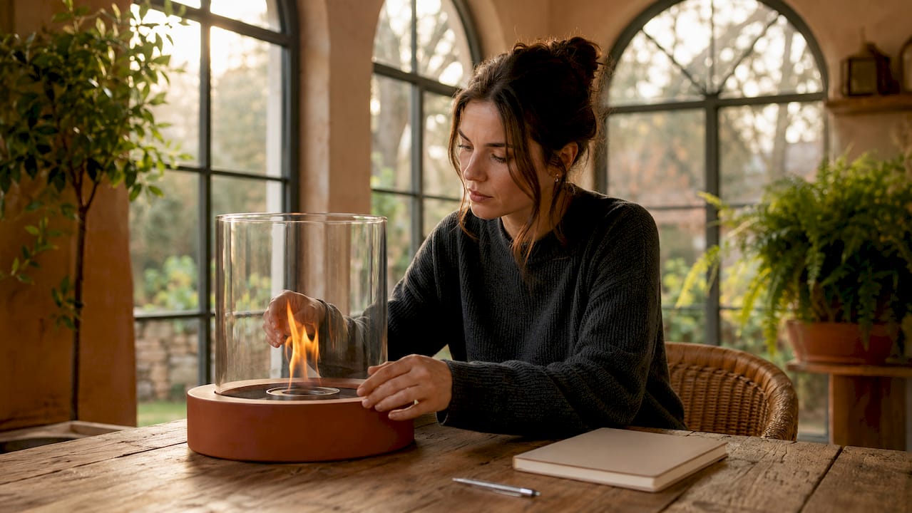 Eine Frau genießt die gemütliche Atmosphäre an ihrem Wohnzimmertisch mit einem Bio-Ethanol-Kamin.