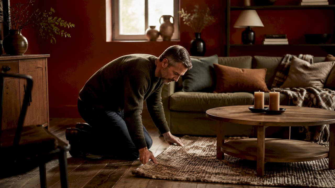 Man arranging furniture for cozy seating area