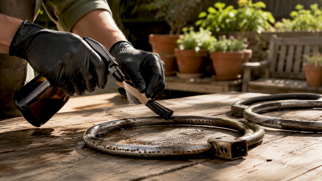 Close-up of hands cleaning fire pit burner ports.