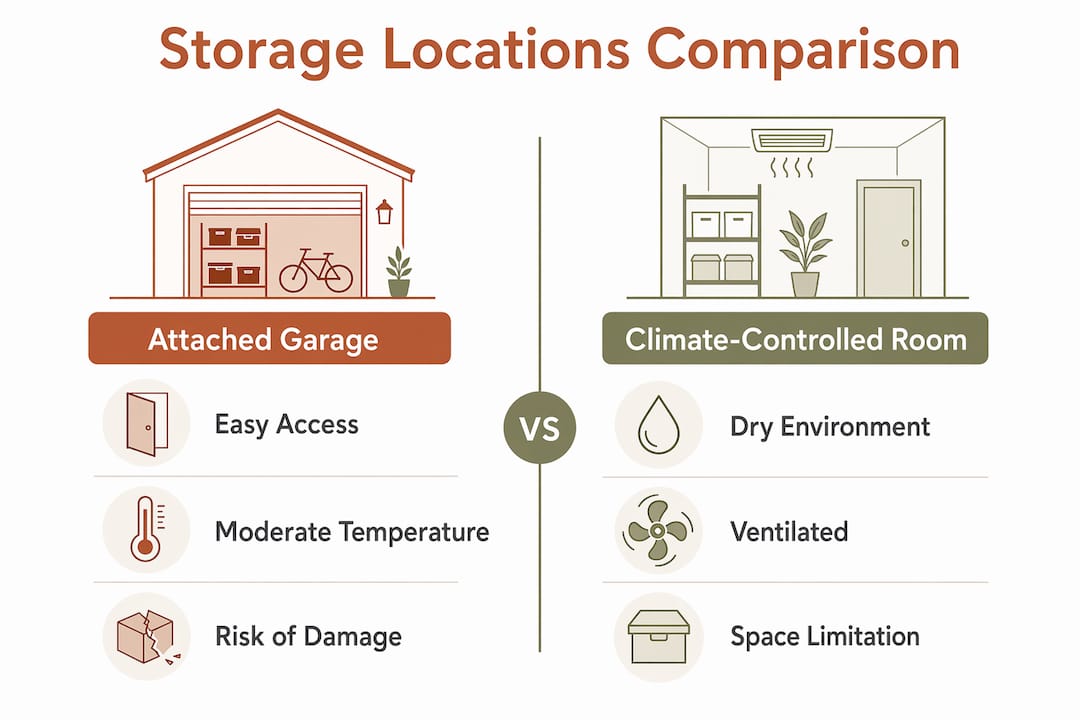 Infographic comparing attached garage and climate-controlled room storage options for fire pits.