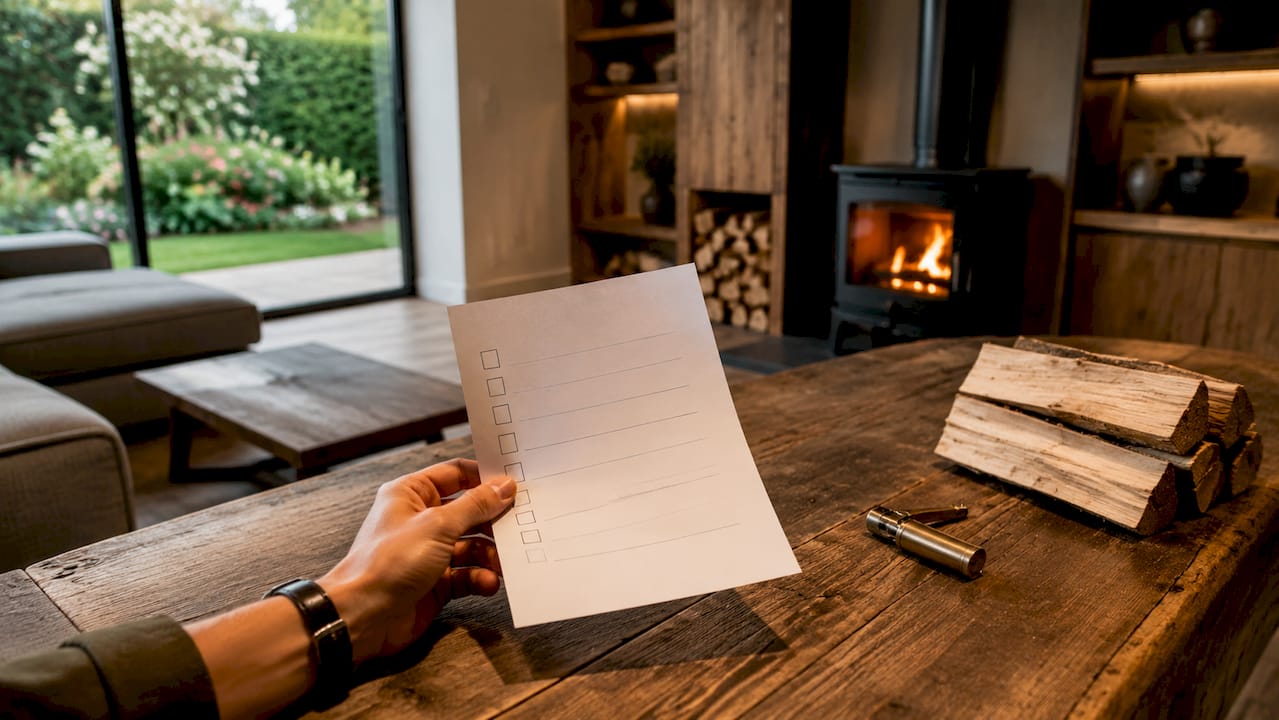 Eine Hand hält eine Checkliste zur Sicherheit direkt am Kamin.