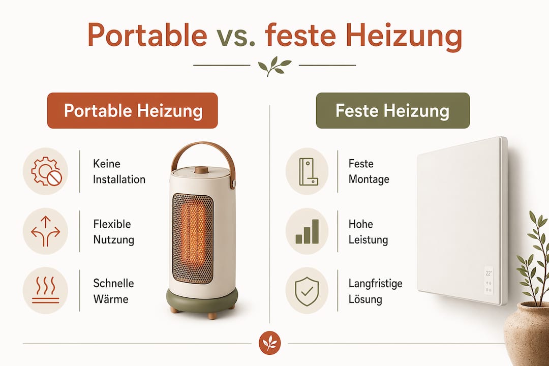 Infografik: Tragbare Heizgeräte vs. fest installierte Heizsysteme im direkten Vergleich