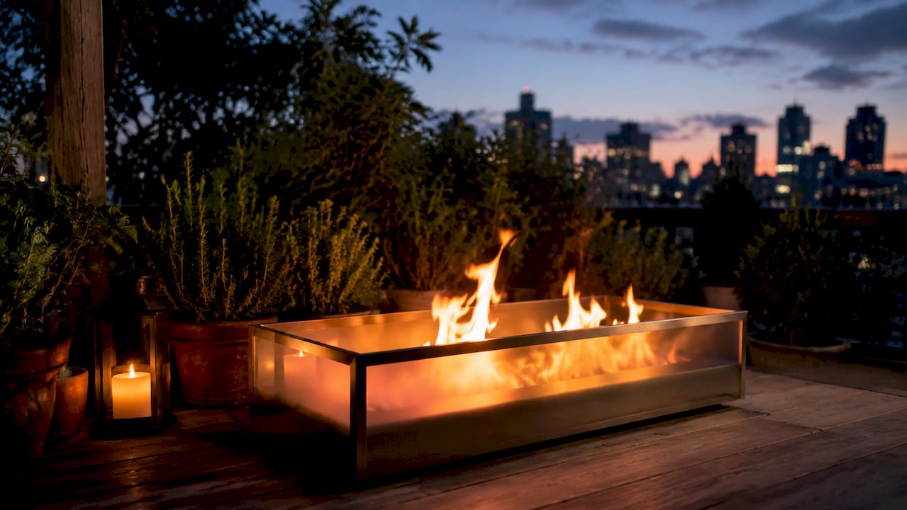 Modern bioethanol fire pit on urban patio deck