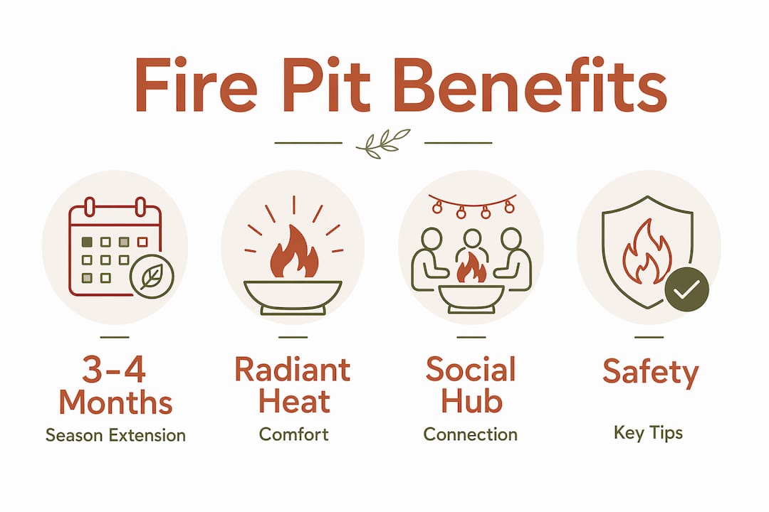 Infographic showing fire pit benefits and safety highlights