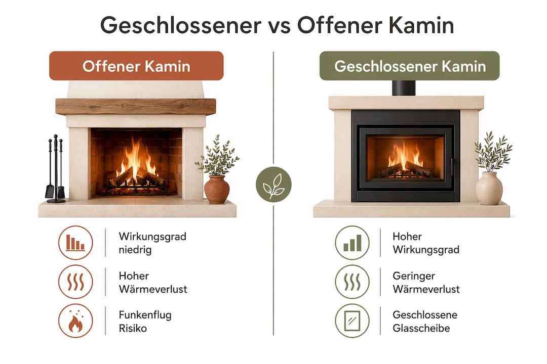 Infografik: Geschlossene vs. offene Kamine im direkten Vergleich