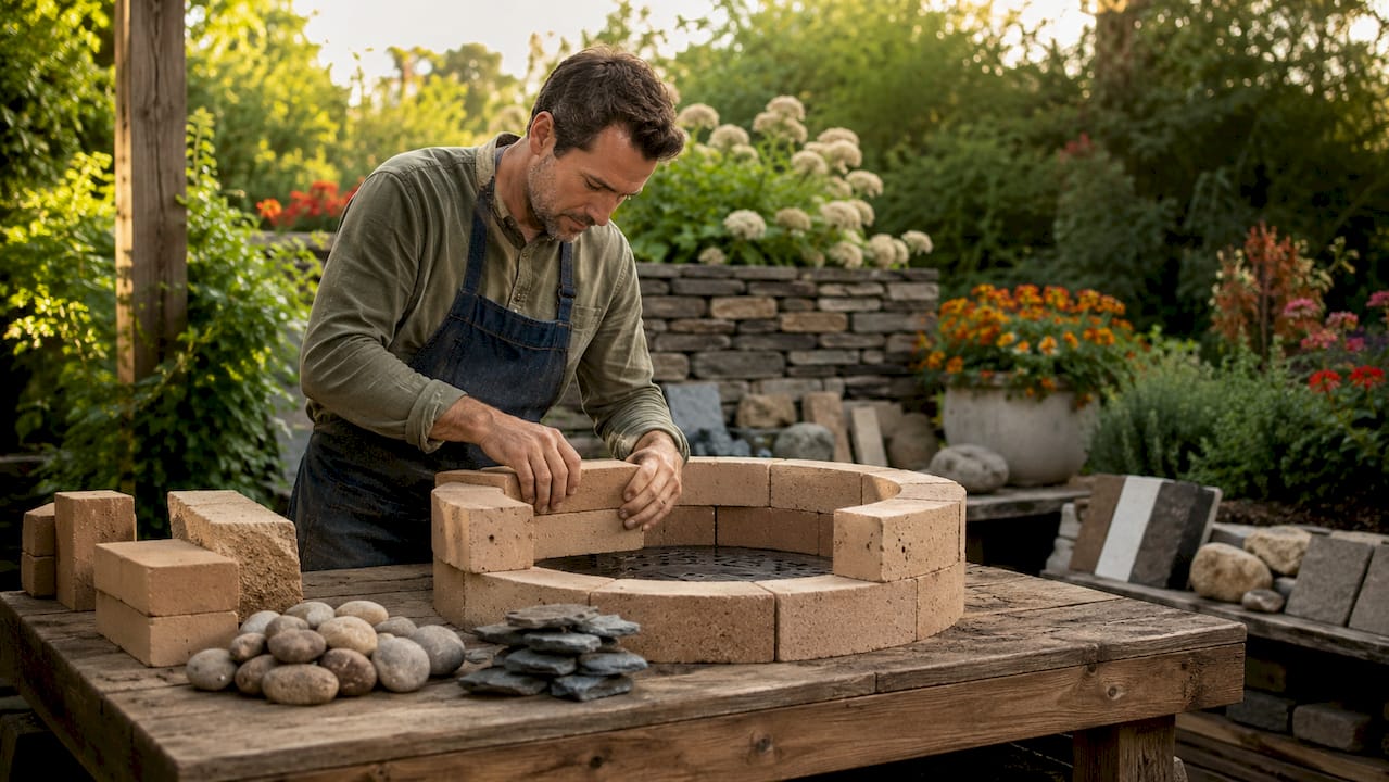 Hands assembling fire pit materials outdoors