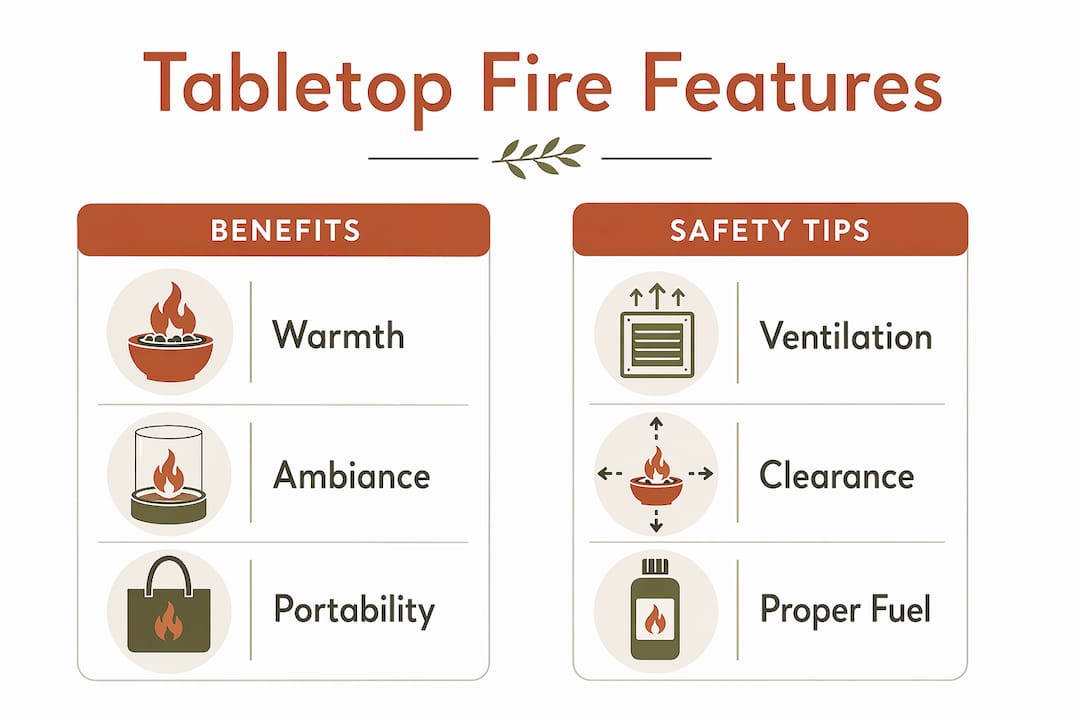 Infographic comparing benefits and safety tips of tabletop fire features