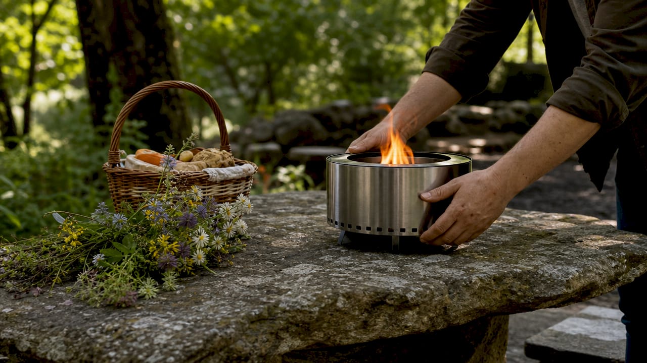 Hands positioning portable fire pit on balcony table
