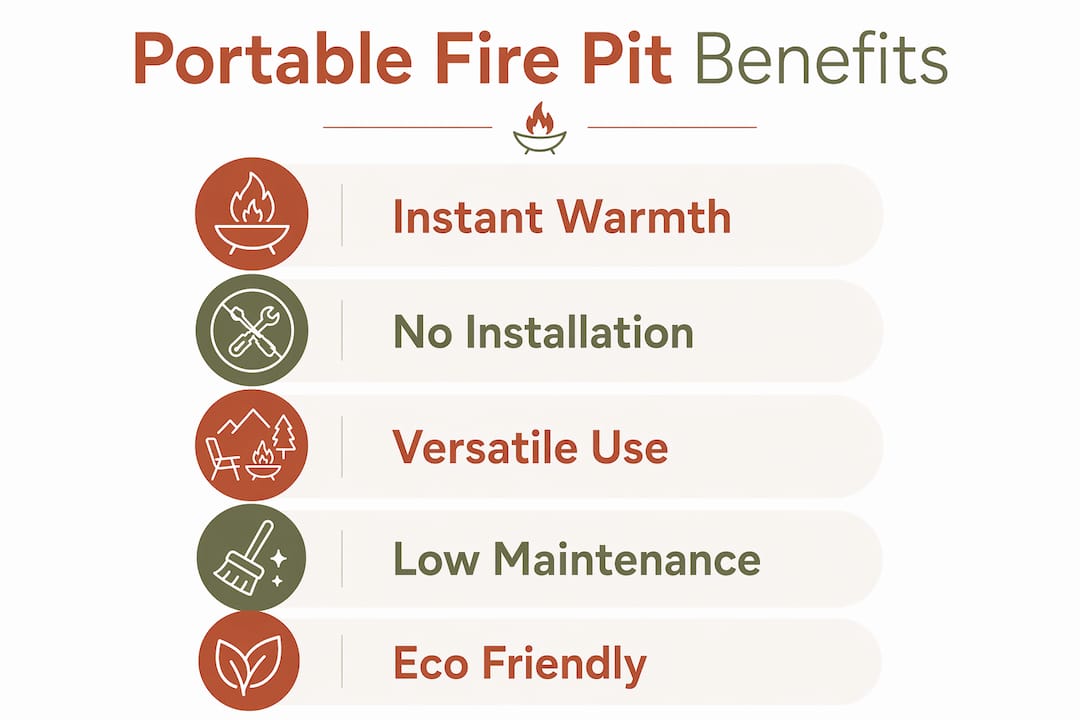 Infographic showing five key benefits of portable fire pits