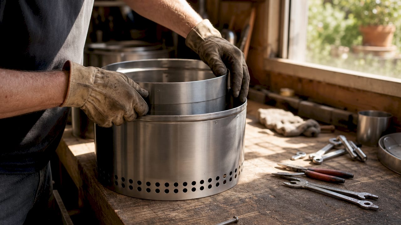 Hands assembling stainless steel tabletop fire pit