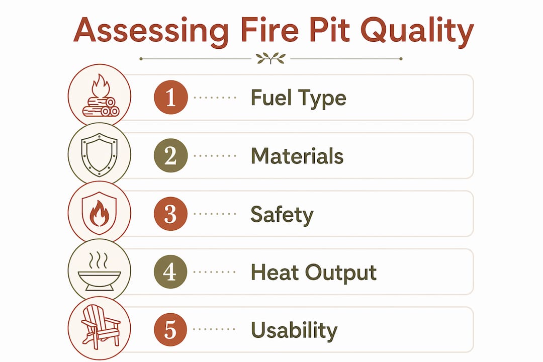 Infographic with key steps to assess tabletop fire pit quality