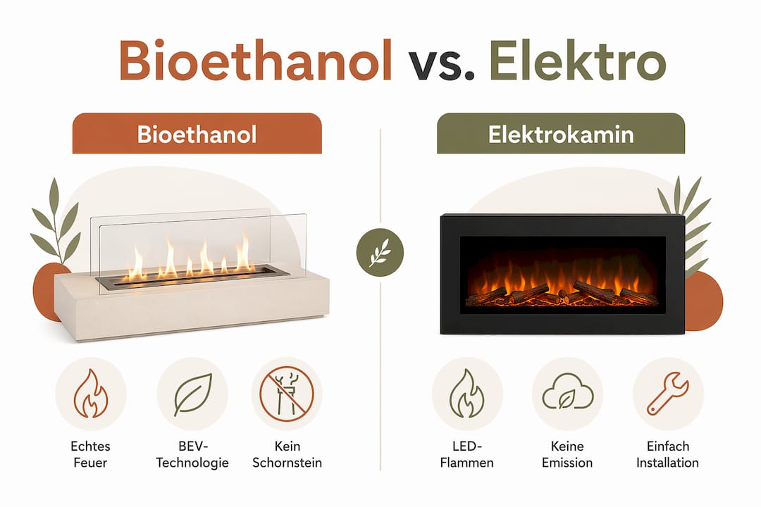 Infografik: Bioethanol- vs. Elektrokamin – Ein Vergleich
