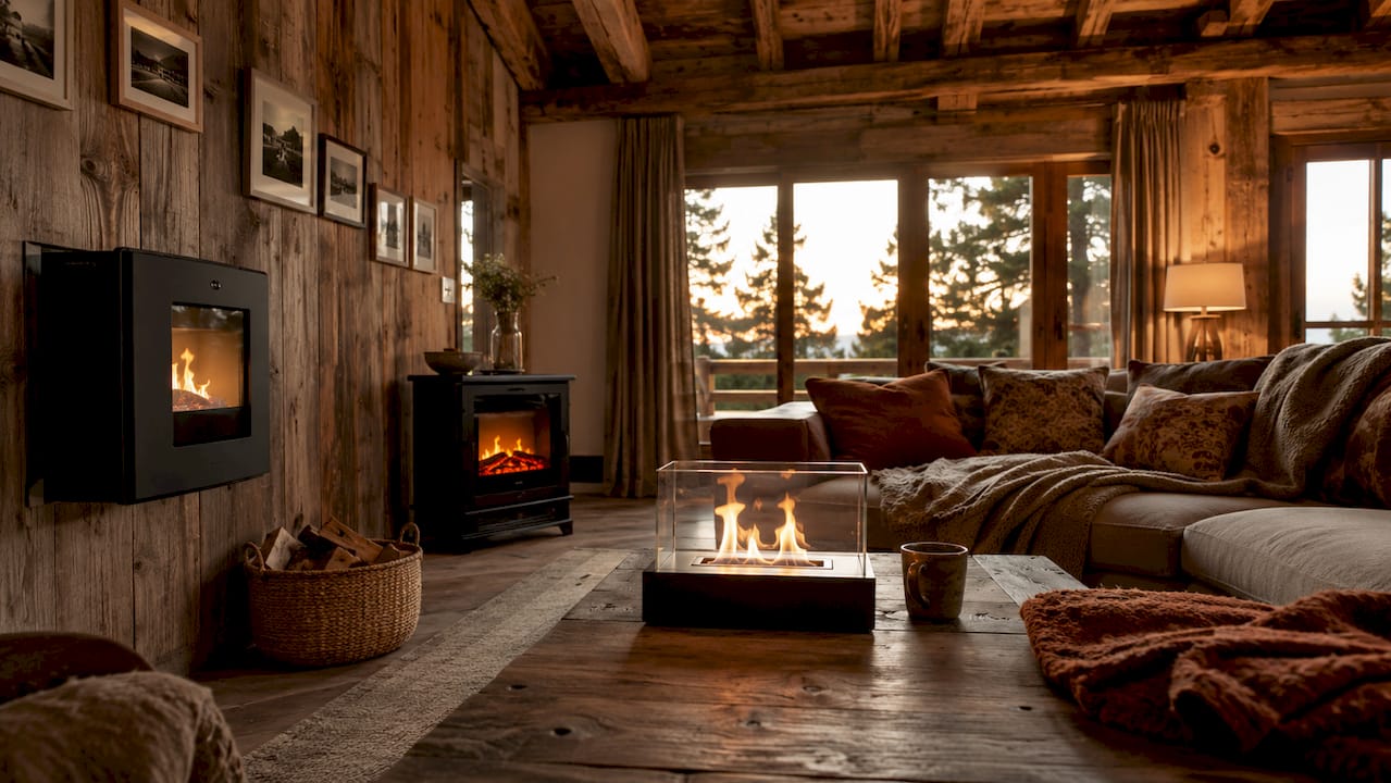 Three types of ecological fireplaces in living room