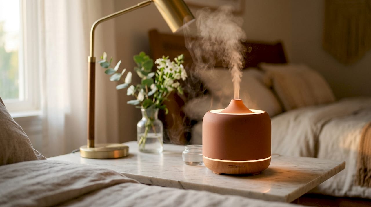 Detailaufnahme eines Kamin-Diffusers, aus dem sanft duftender Nebel aufsteigt