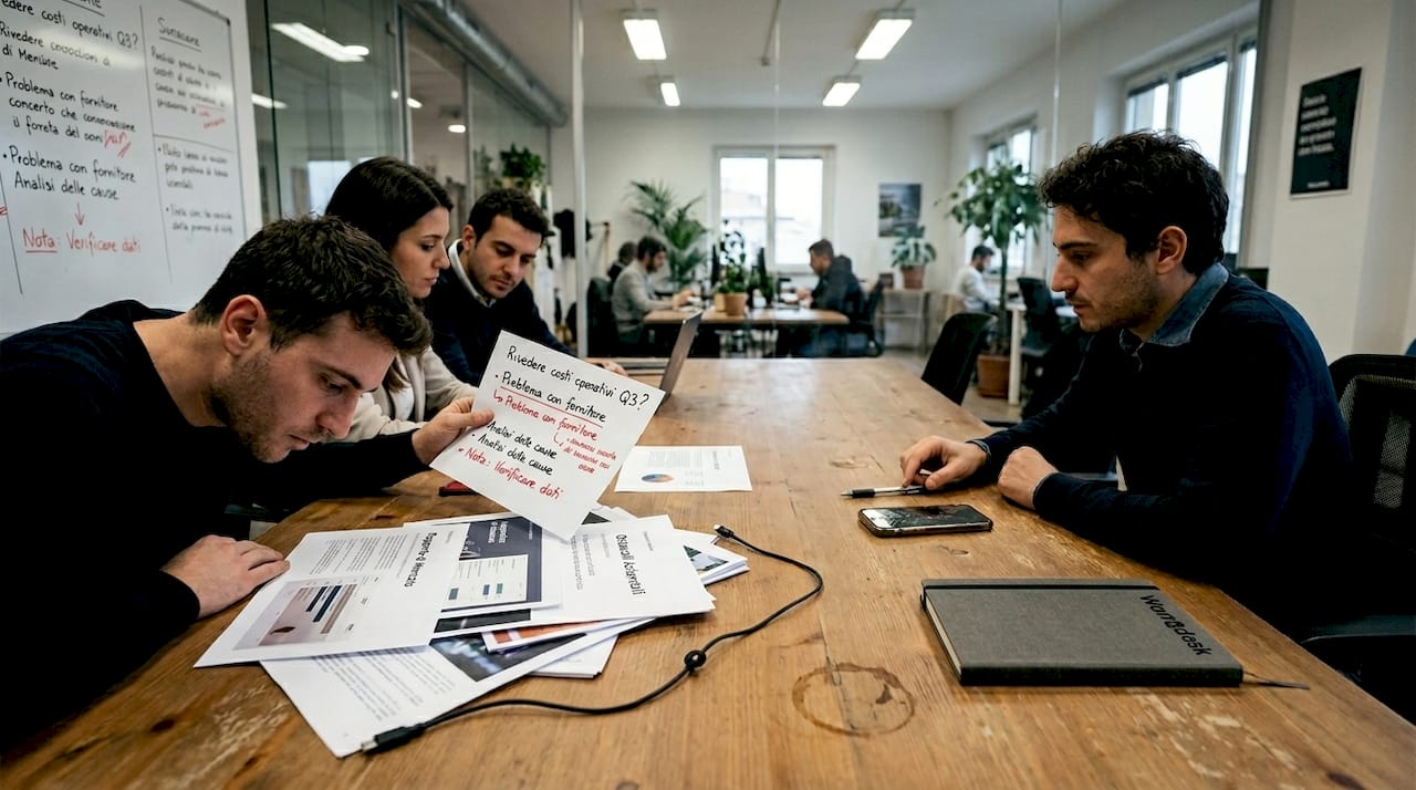 Un gruppo di colleghi riuniti in sala riunioni sta confrontandosi sulle difficoltà da affrontare e cercando insieme soluzioni efficaci.