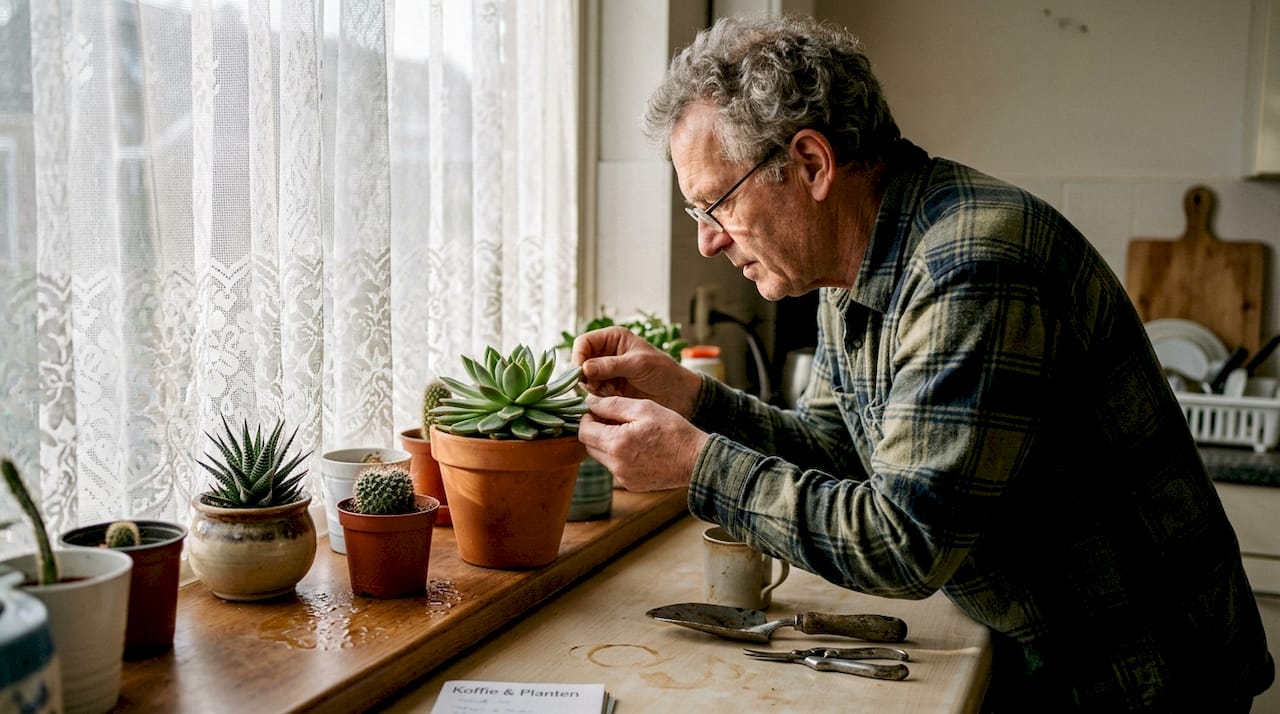 Man inspecteert verschillende vetplanten in diverse potten