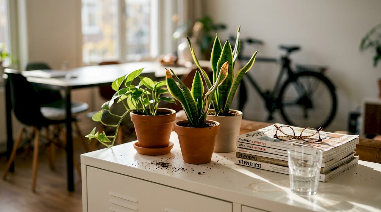 Groepje makkelijk te verzorgen kamerplanten als sfeermaker in de eethoek