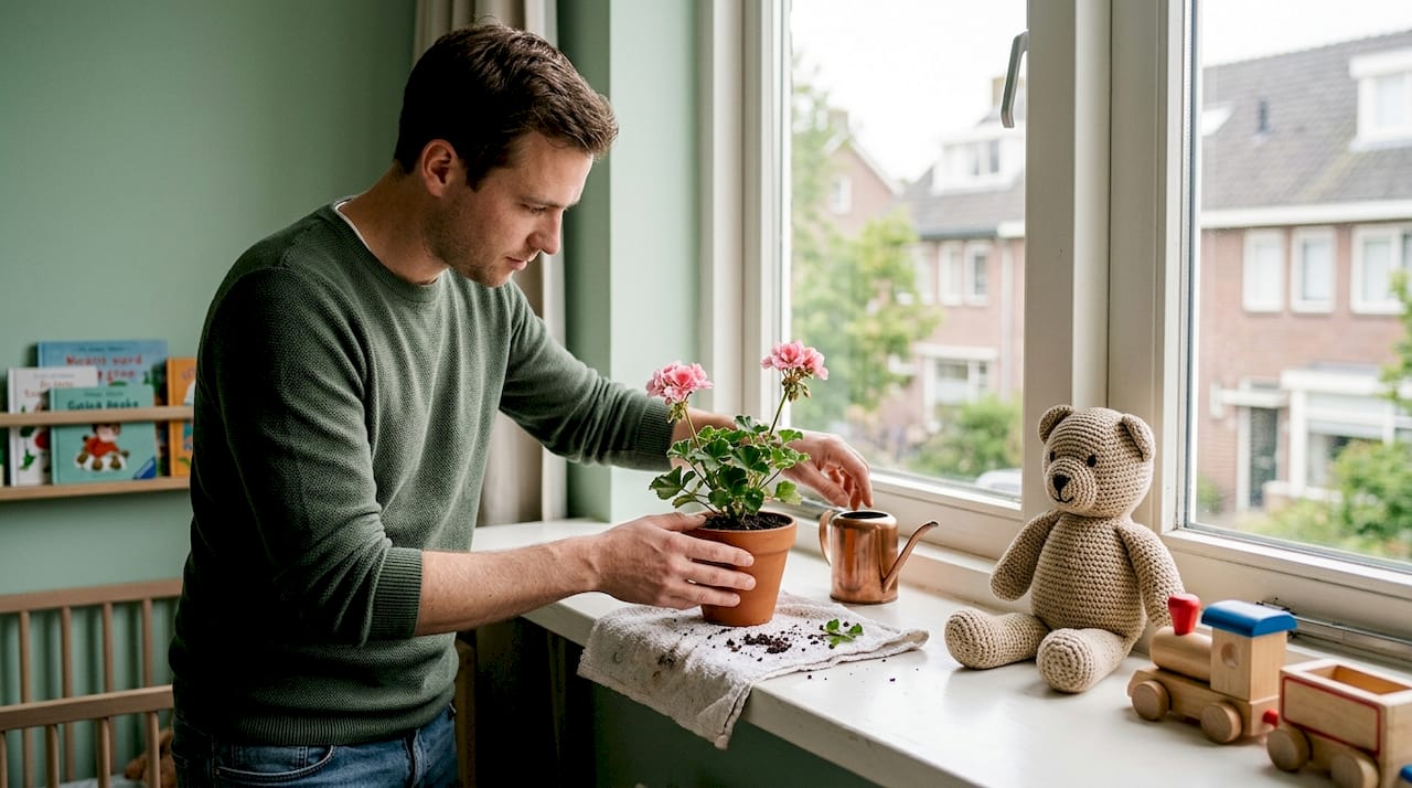 Vader zet plantje neer als kraamcadeau