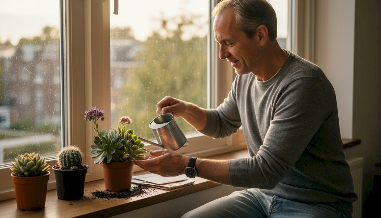 Een man geeft zijn vetplantje water op de vensterbank.