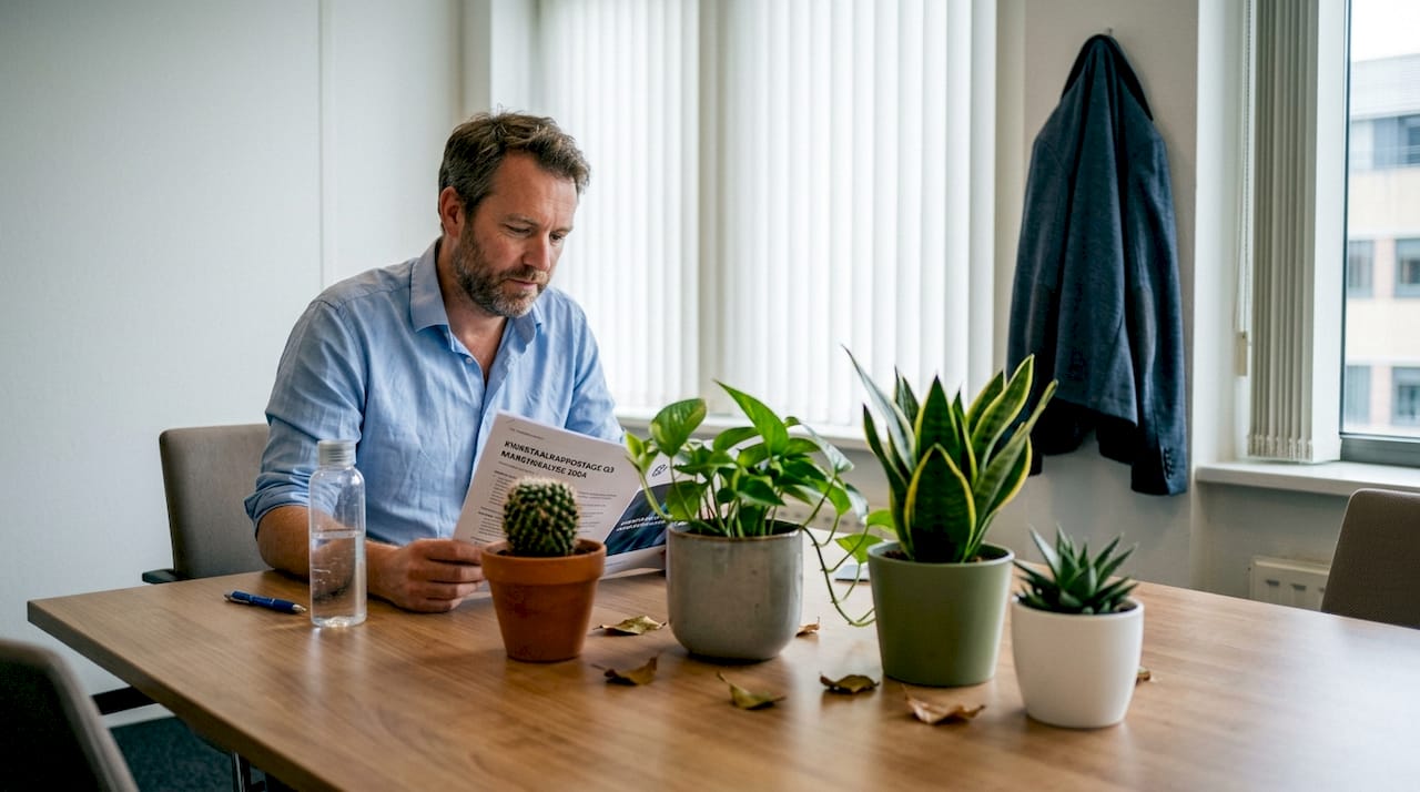 Een man verdiept zich in een rapport, terwijl hij omgeven is door groene planten.