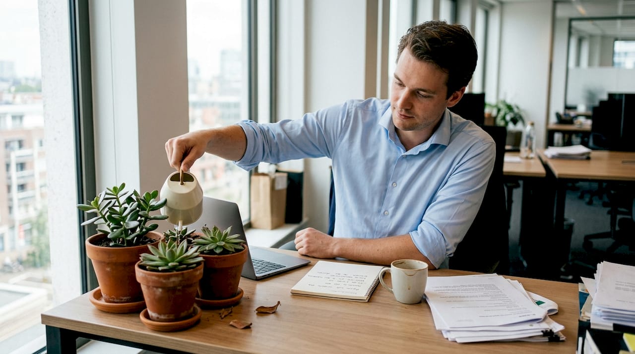 Een rij terracotta bloempotjes met vetplantjes fleurt de werkplek meteen op.
