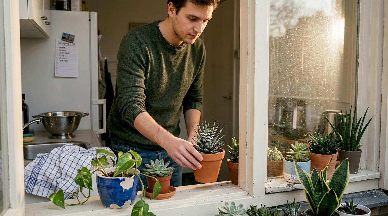 Iemand zet een cactus op de vensterbank.