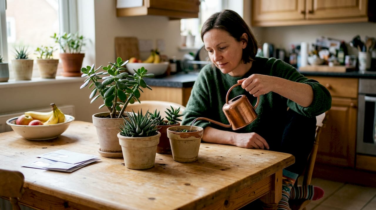 De jadeplant en haworthia op de keukentafel even water geven