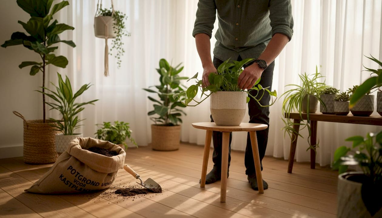 Man zet een grote kamerplant neer in de hoek van zijn woonkamer.