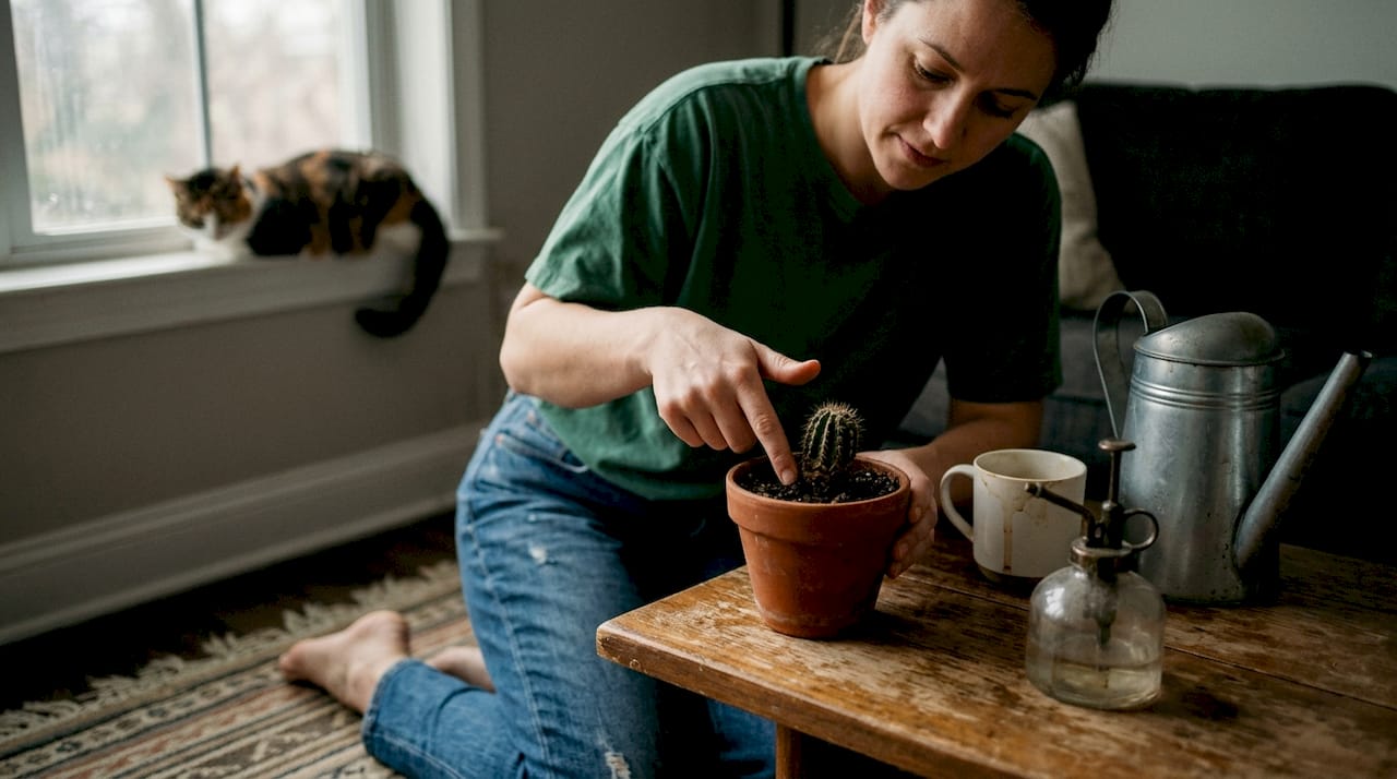 Een vrouw bekijkt thuis of de aarde van haar cactus nog vochtig genoeg is.