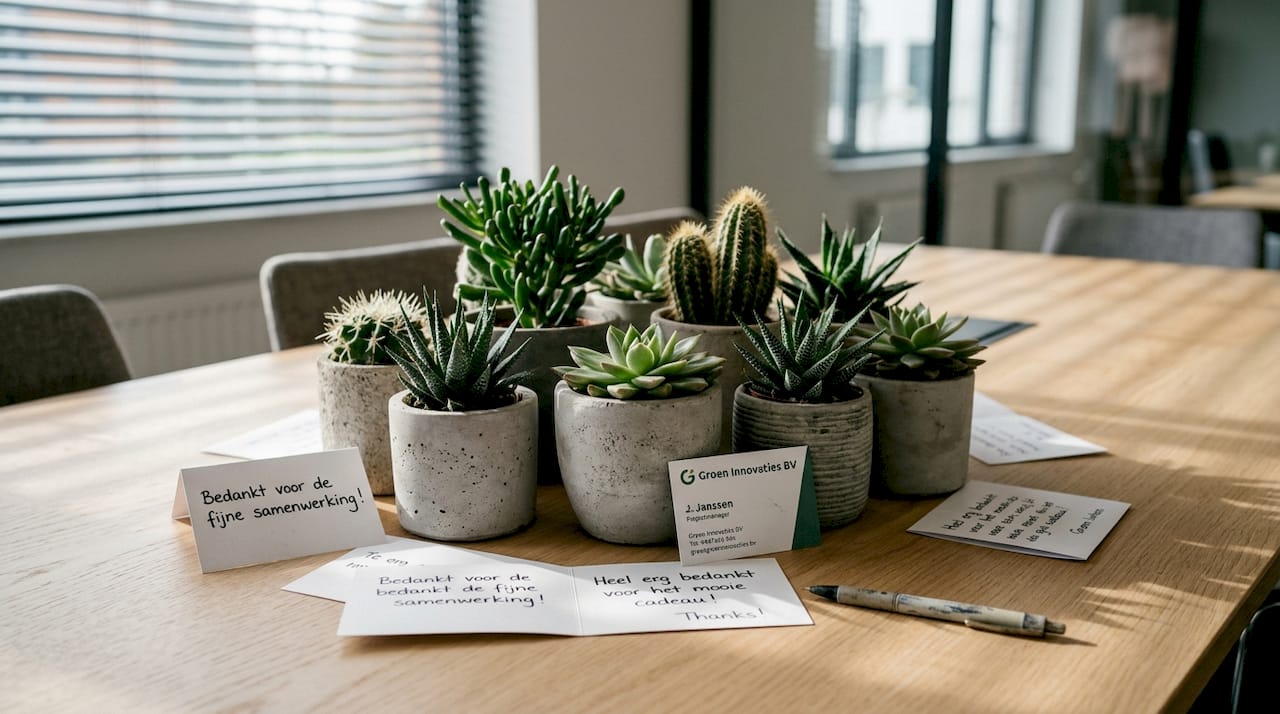 Een sfeervol cadeau met vetplanten en cactussen als blikvanger op tafel