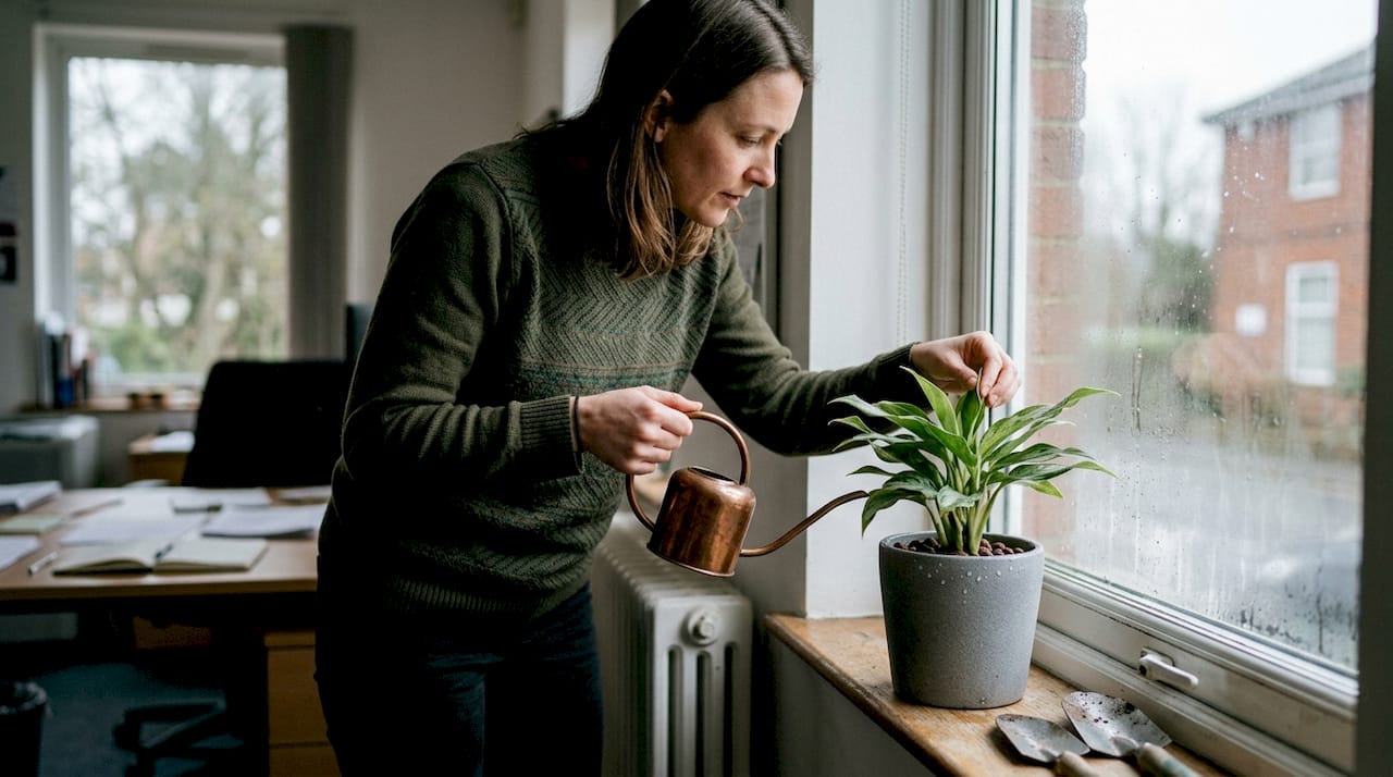 Een interieurontwerper geeft een Aglaonema plant de juiste verzorging in een hydrocultuursysteem.