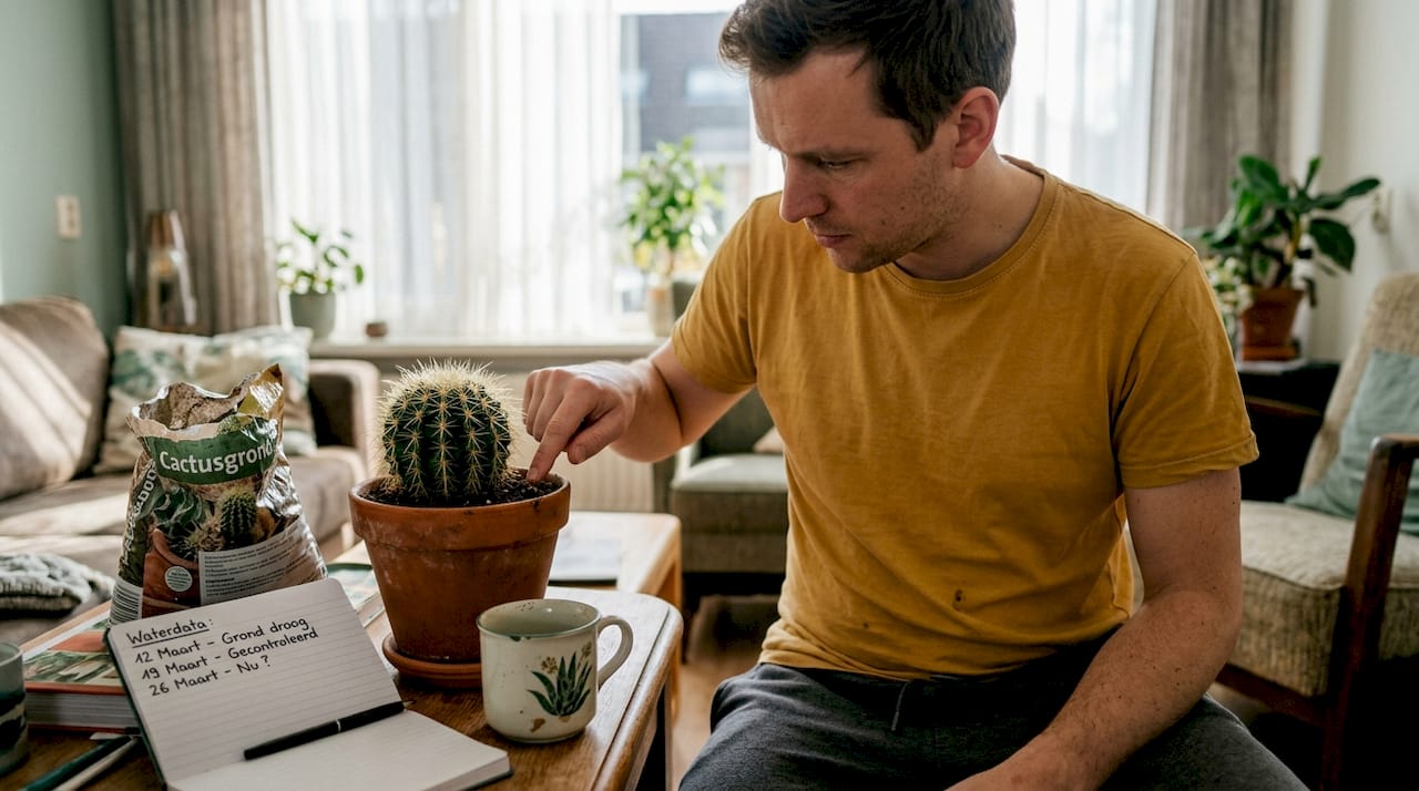 Man voelt aan de cactuspotgrond om te checken of die niet te droog is in de woonkamer
