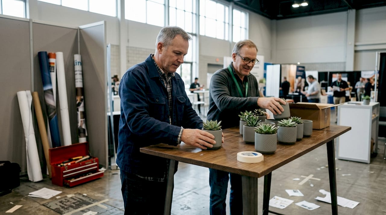 Een zakelijke beursstand waarbij tafels sfeervol zijn aangekleed met plantenpotten.
