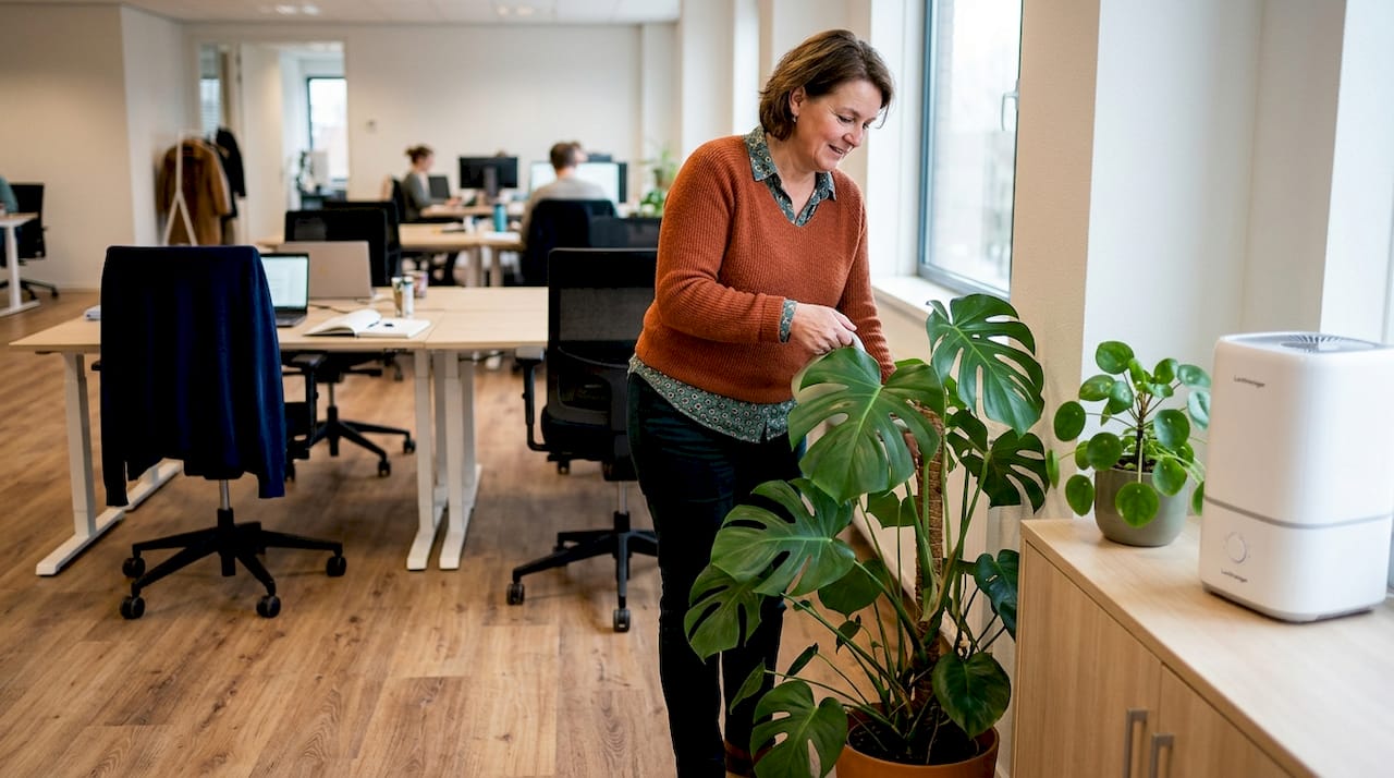Een collega zorgt regelmatig voor de kantoorplanten, zodat het binnenklimaat fris en gezond blijft.