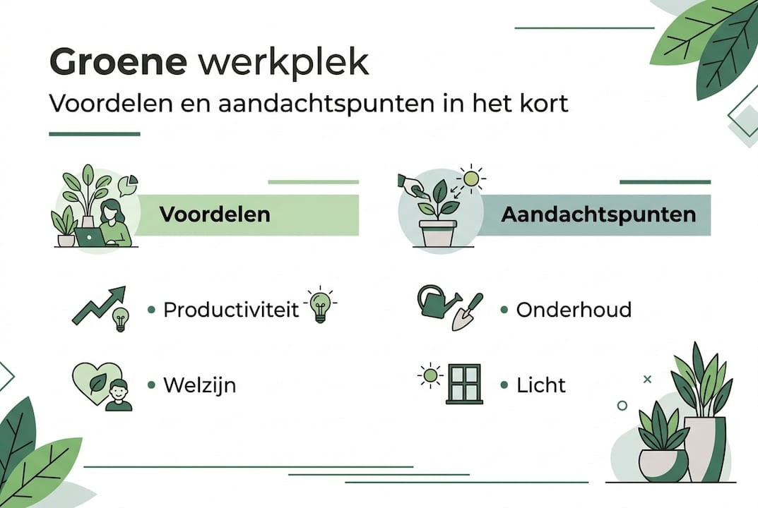 Infographic: de pluspunten en aandachtspunten van een groene werkplek op een rij